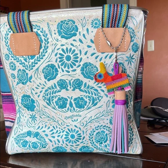 Consuela Teal and Cream Floral Tote - Picture 1 of 9